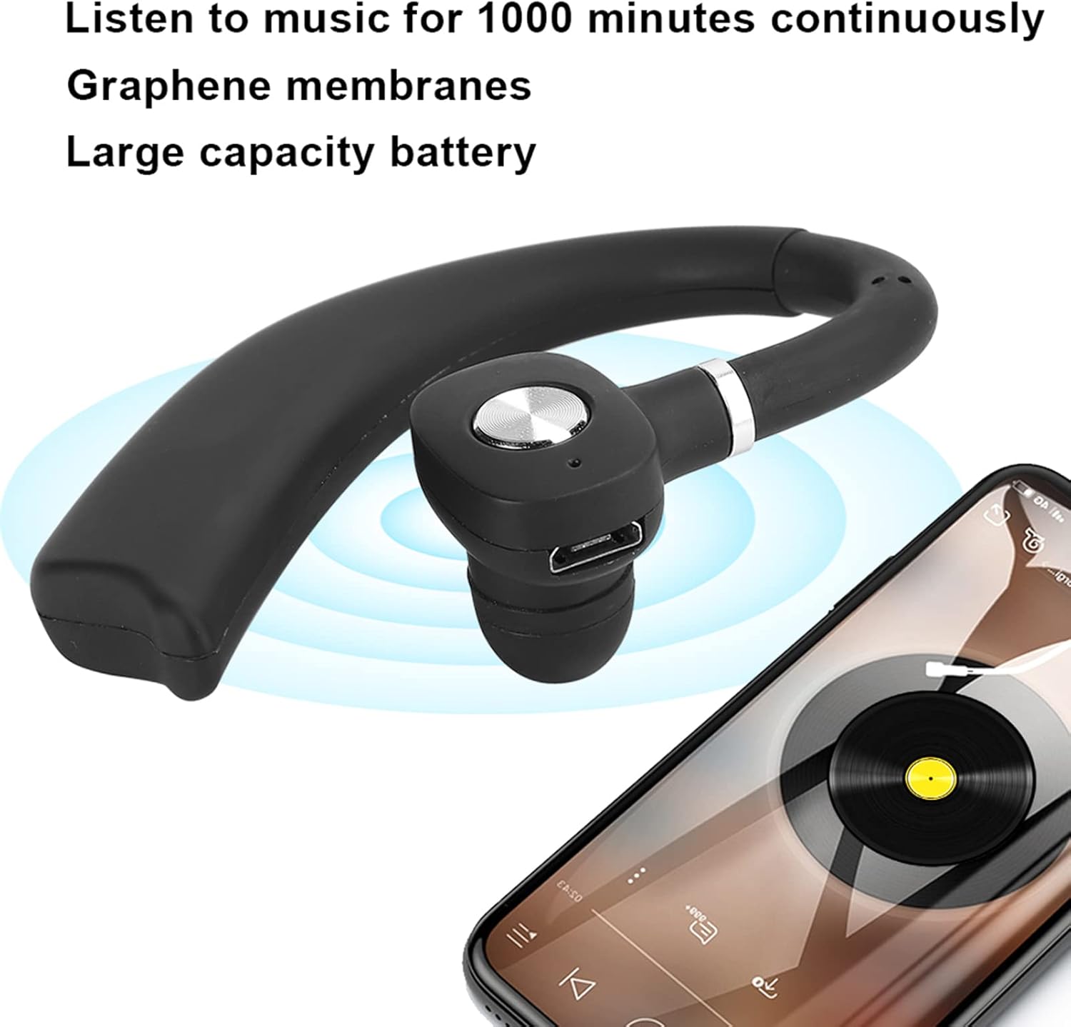 سماعة رأس بلوتوث  سماعة رأس مع ميكروفون، سماعة بلوتوث بأذن واحدة للجري والقيادة فجأة (أسود)