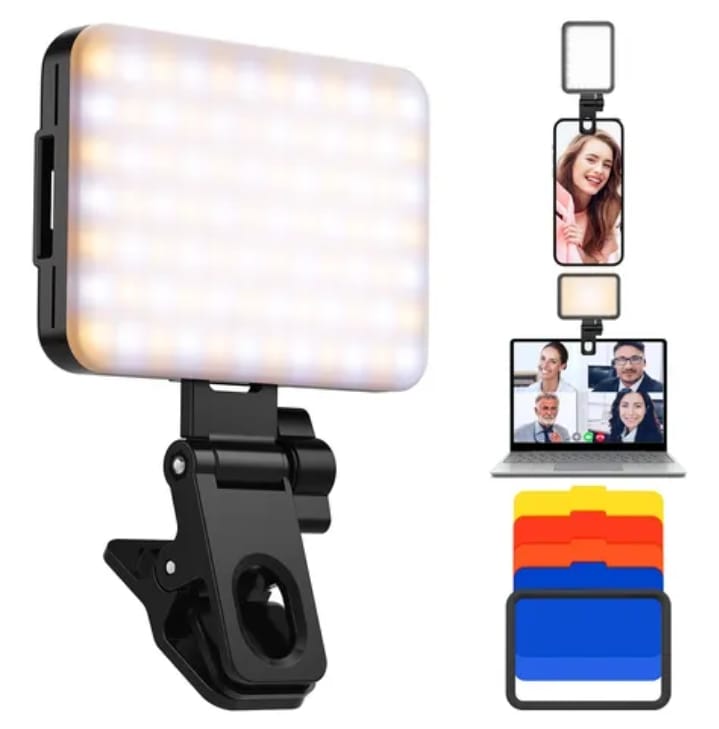 رينج لايت سيلفى للموبايل مصباح إضاءة كاميرا ليد قابلة لإعادة الشحن لتصوير الفيديو، مصباح لاب توب لمؤتمرات الفيديو (ضوء أبيض 3 مستويات