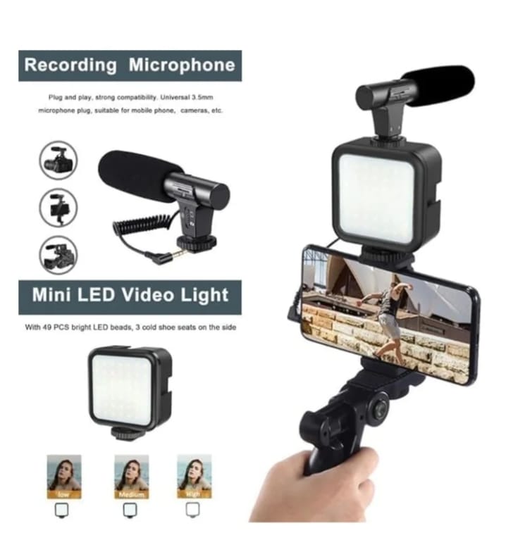 رينج لايت موبايل باضاءة 3 مستويات بحامل صغير و ميكروفون تصوير فيديو - صغير للهواتف المحمولة للتصوير الاحترافي