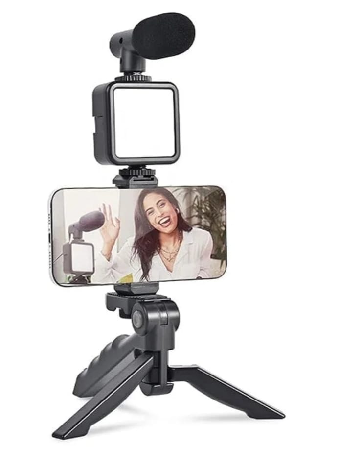 رينج لايت موبايل باضاءة 3 مستويات بحامل صغير و ميكروفون تصوير فيديو - صغير للهواتف المحمولة للتصوير الاحترافي